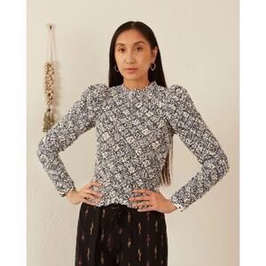 Alix of Bohemia Maisie Domino Smocked Puff Sleeve Top Blue White Floral NWT Sz L